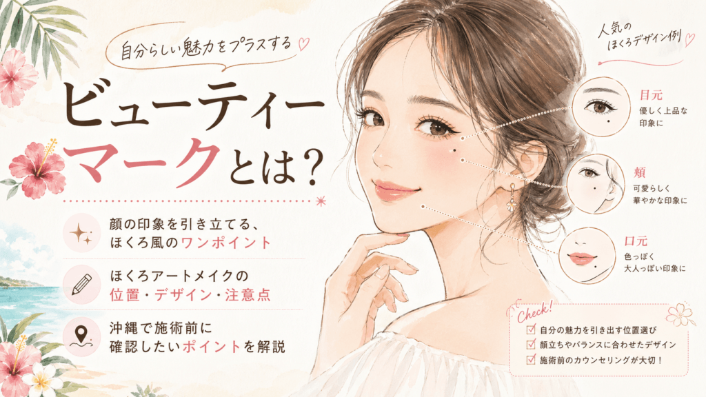 ビューティーマークとは、顔の印象を引き立てるほくろ風のワンポイント。ほくろアートメイクの位置、デザイン、注意点、沖縄で施術前に確認したいポイントを解説します。